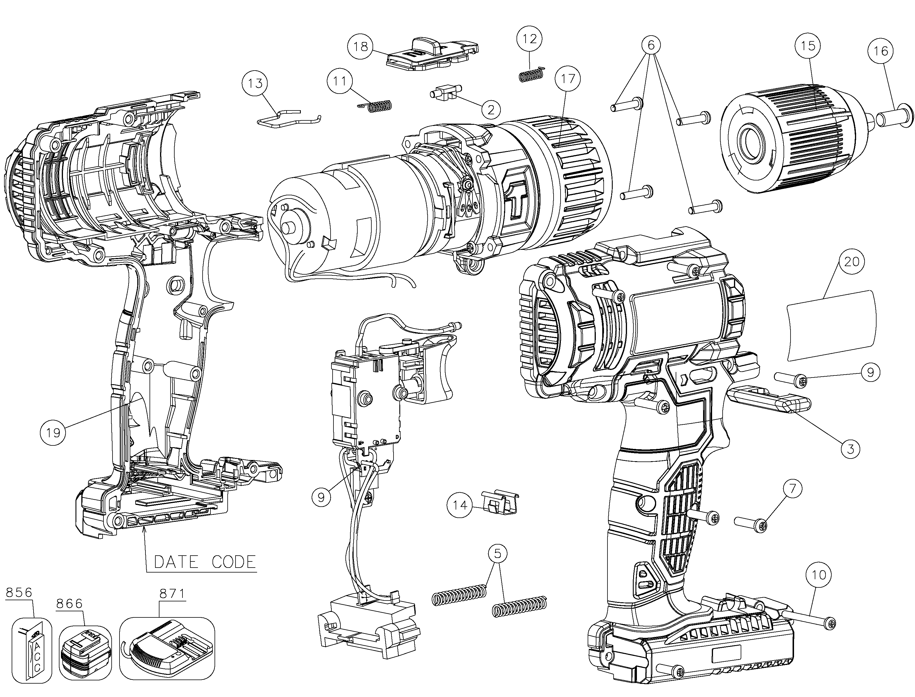 Default Diagram and Parts List for Type 1 Porter Cable Hammer Drill
